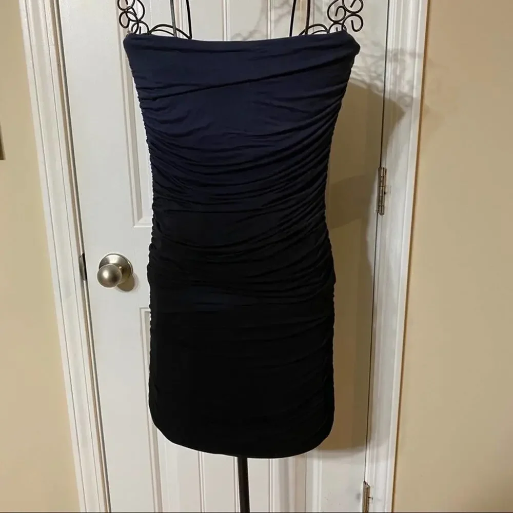 Young Fabulous Broke Strapless Navy to Black Ombré Ruched Dress, Sz Sm